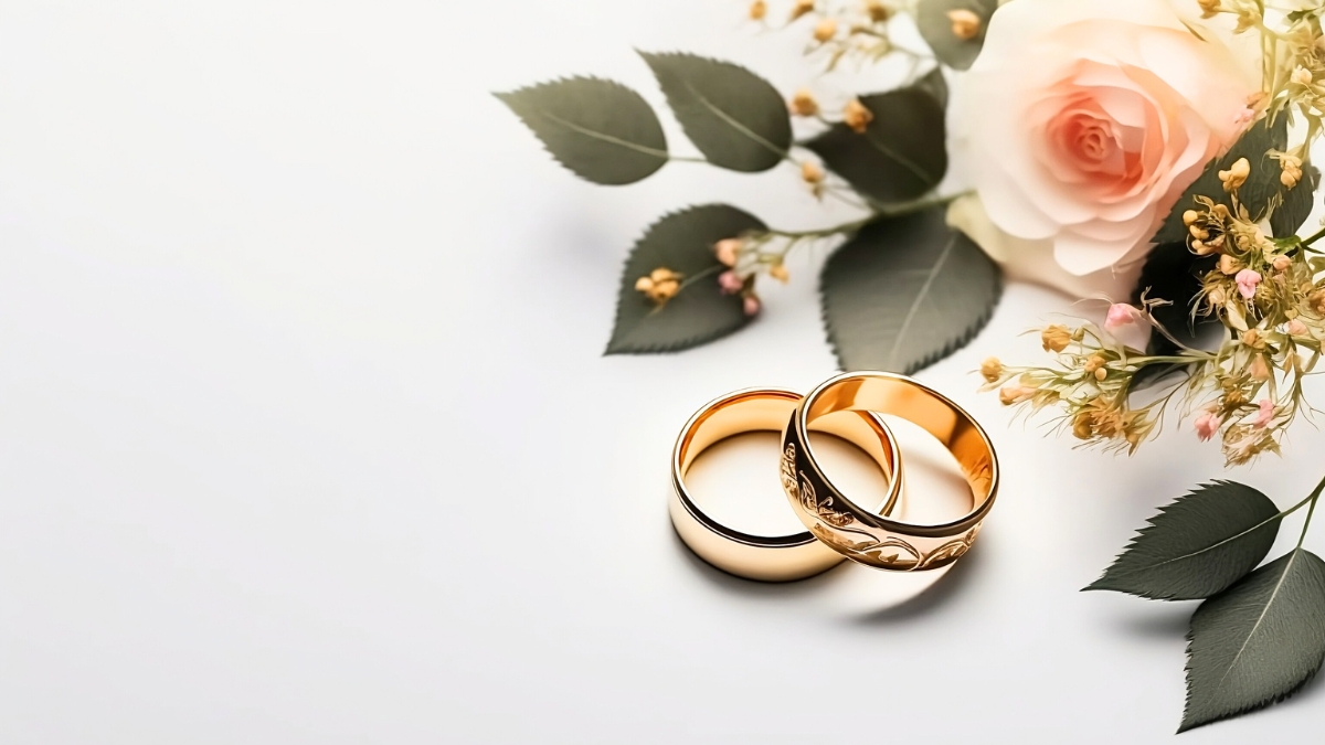 Dua buah cincin emas dengan model desain dan satu tangkai bunga mawar